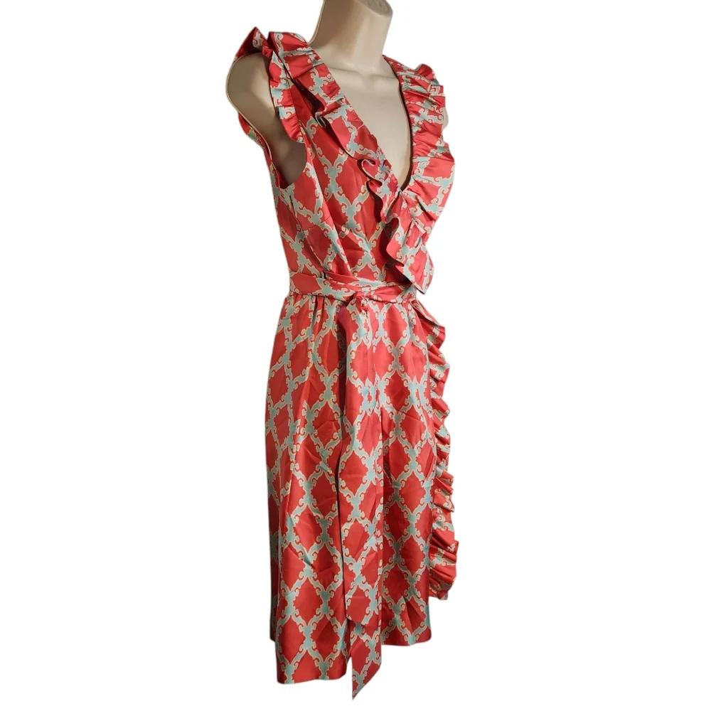 kate spade Coral and White Ruffle Wrap Dress